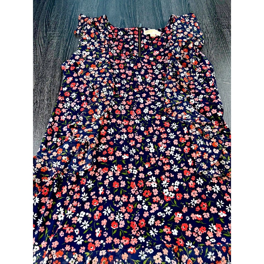 Michael Kors Navy Floral Ruffle Sleeve Zip Back Dress Workwear Chic Women's XL
